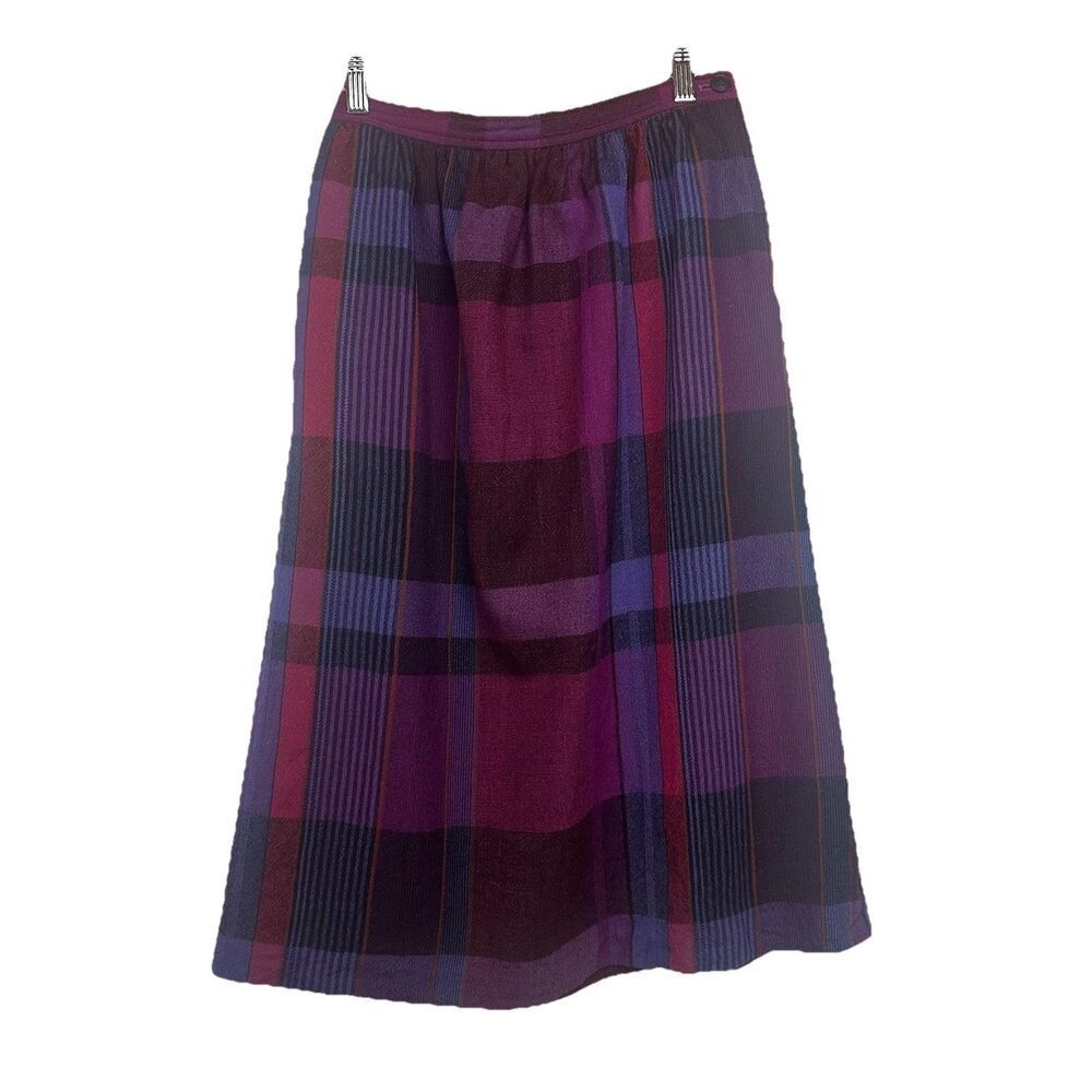 VTG, Evan-Picone Plaid Wool Tweed Midi Skirt, Petites 8, Purple Red Blue